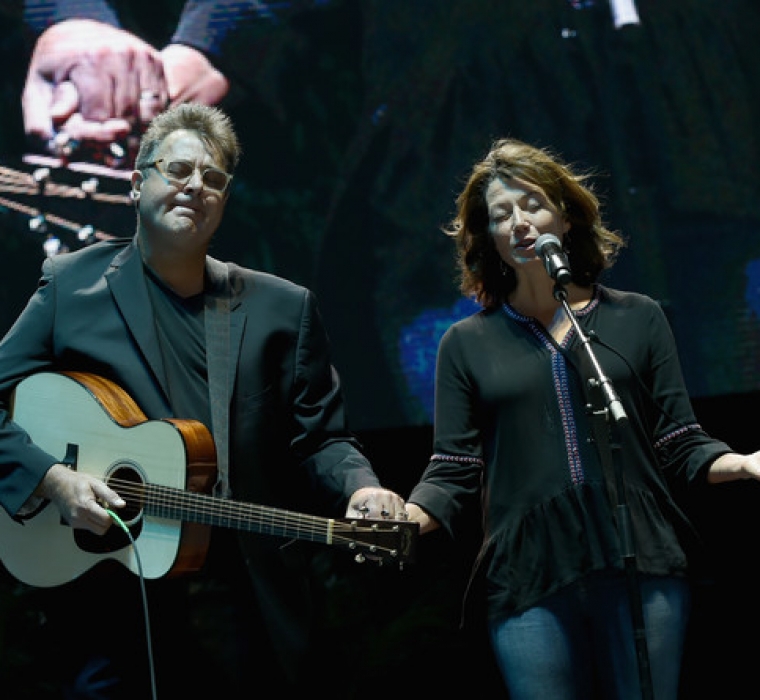 Singer:Songwriter Vince Gill joins Singer:Songwriter Amy Grant in prayer during Nashville Candelight Vigil For Las Vegas at Ascend Amphitheater on October 2, 2017 in Nashville, Tennessee.