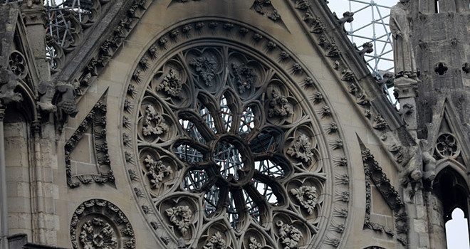 Notre Dame Cathedral rosette following a major fire that began on April 15, 2019, in Paris, France. (Photo credit: Pierre Suu/Getty Images)