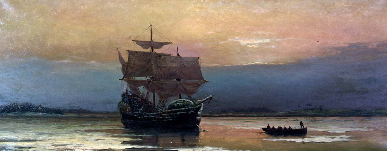 Mayflower in Plymouth Harbor by William Halsall (1882)