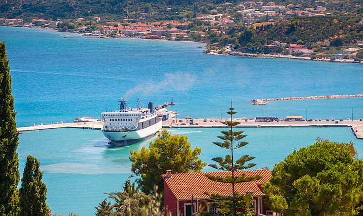 View of ferryboat in Zakynthos port, Greece.