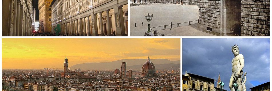A collage of Florence showing the Galleria degli Uffizi (top left), followed by the Palazzo Pitti, a sunset view of the city and the Fountain of Neptune in the Piazza della Signoria.
