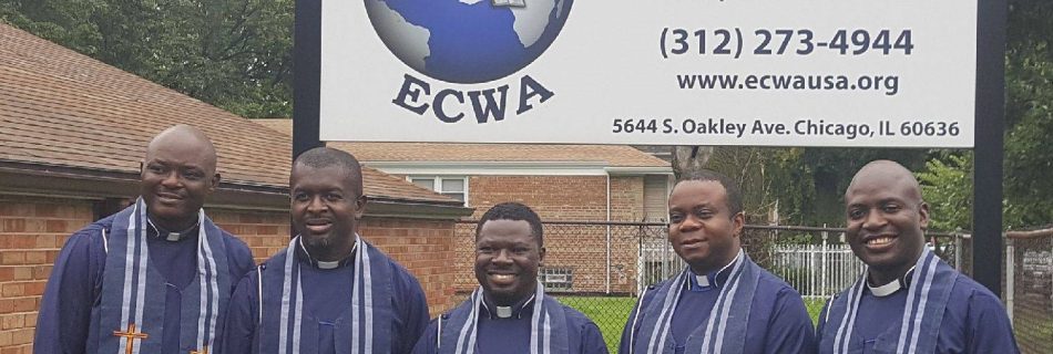 ECWA newly ordained ministers at the ECWA Goodnews Church in Chicago, IL, USA (from left to right are, Rev. Zachs-Toro Gaiya, Rev. Caleb Afulike, Rev. John David, Rev. Dr. Victor Ezigbo and Rev. Boman Bognet)