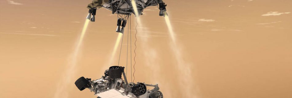 This artist's concept shows the sky-crane maneuver during the descent of NASA's Curiosity rover to the Martian surface. The Mars mission launching in 2020 would leverage the design of this landing system and other aspects of the Mars Science Laboratory architecture.(image NASA/JPL)