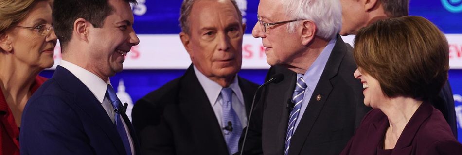 Democratic presidential candidates shake hands after the 10th primary debate. (Image Win McNamee/Getty Images)