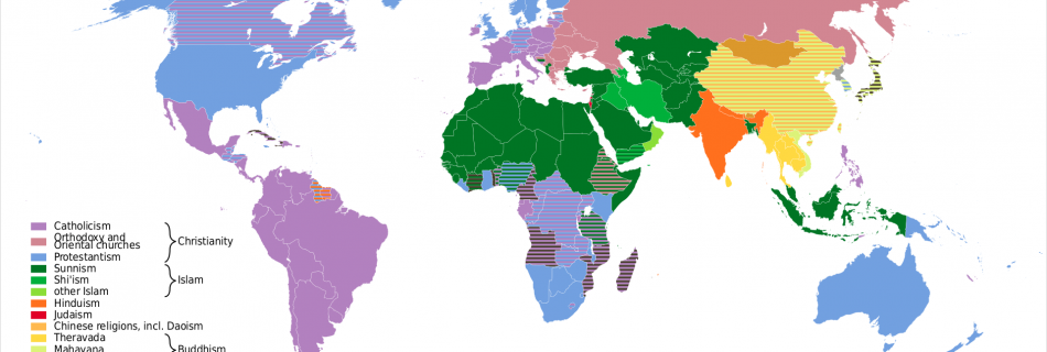 World map color-coded to denote religion affiliations of the majority population in each country (WikiCommons 2011)