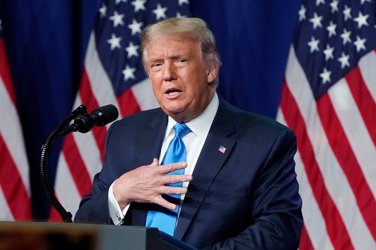 President Donald Trump speaks during the first day of the Republican National Convention, Aug. 24, 2020, in Charlotte, North Carolina. (AP Photo:Chris Carlson)