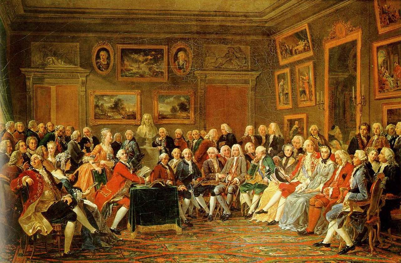Reading of Voltaire's L'Orphelin de la Chine (a tragedy about Ghengis Khan and his sons, published in 1755), in the salon of Madame Geoffrin (Malmaison, 1812/WikkiCommons)