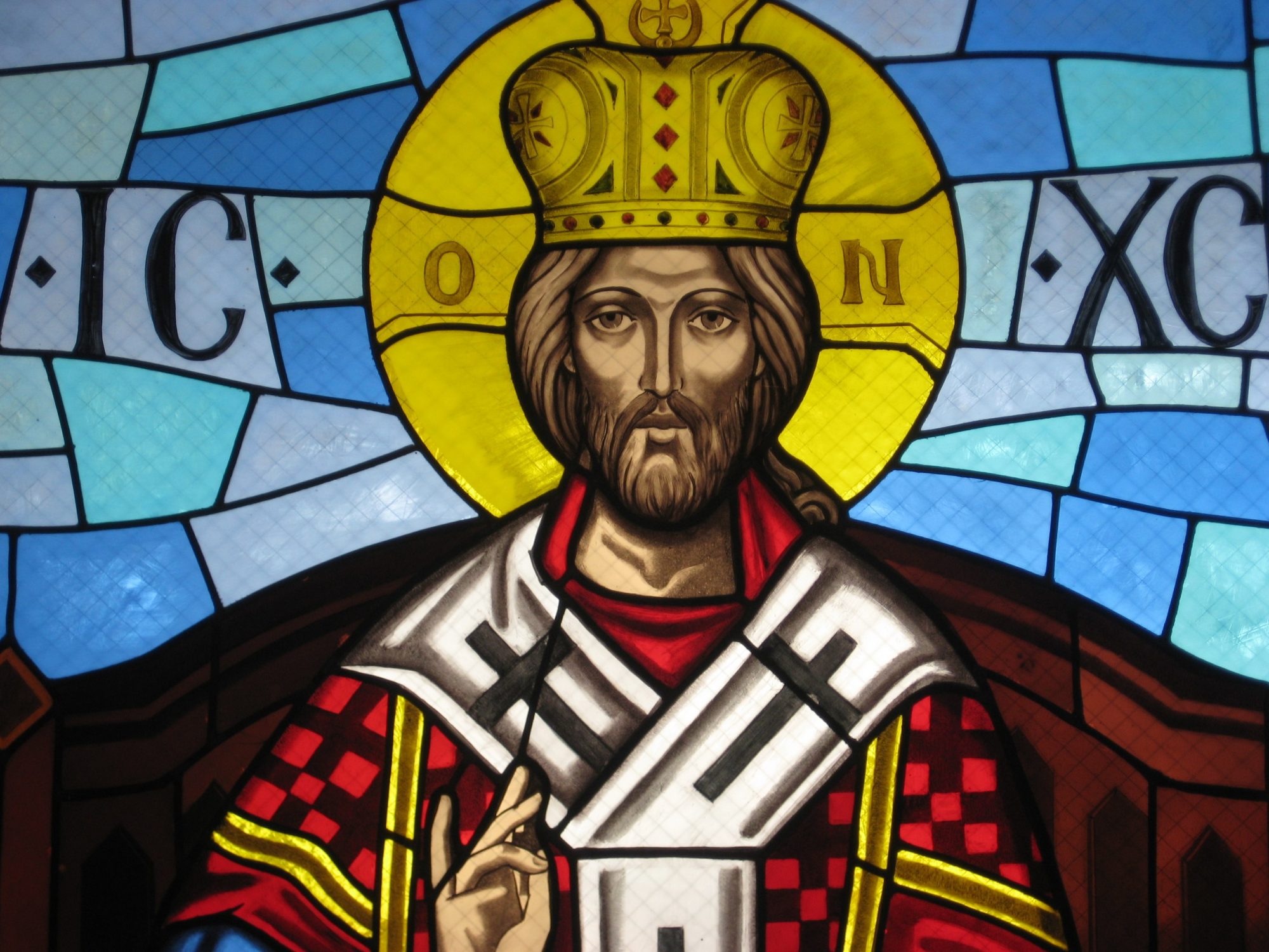 Stained glass window at the Annunciation Melkite Catholic Cathedral in Roslindale, Massachusetts, depicting Christ the King in the regalia of a Byzantine emperor