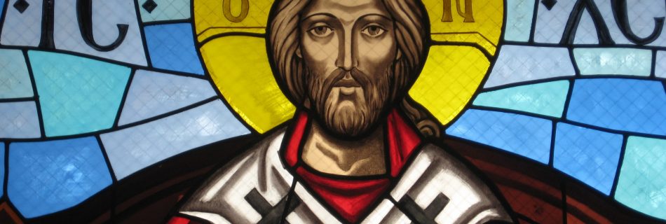 Stained glass window at the Annunciation Melkite Catholic Cathedral in Roslindale, Massachusetts, depicting Christ the King in the regalia of a Byzantine emperor