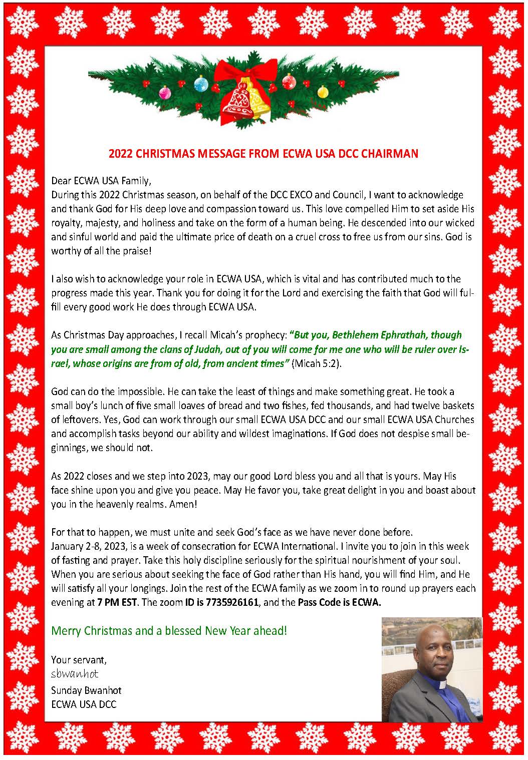 2022 Christmas Message to ECWA USA DCC