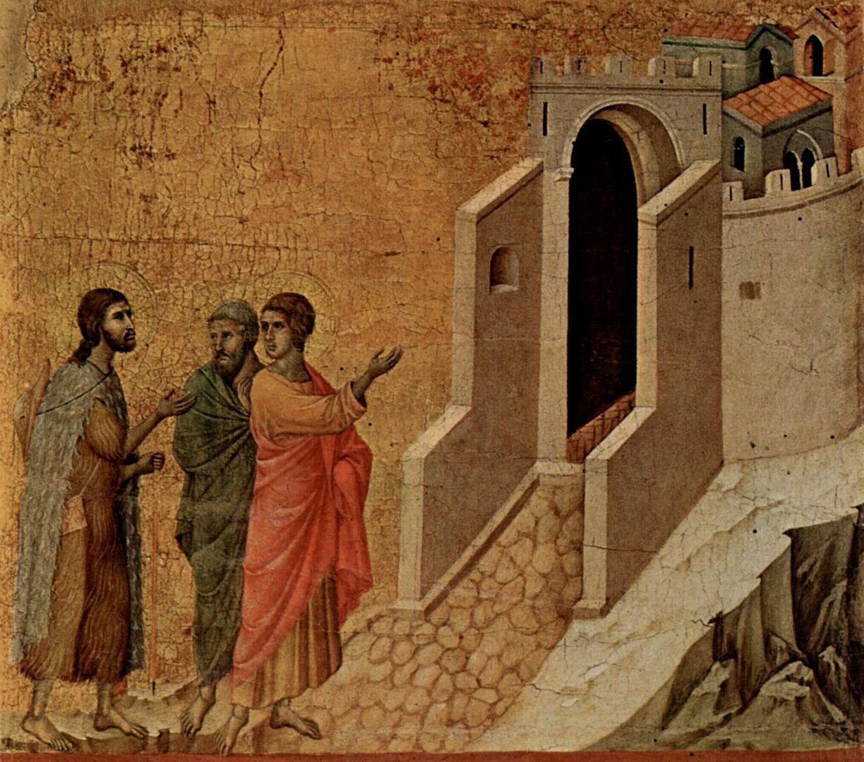 Jesus and the two disciples On the Road to Emmaus, by Duccio, 1308–1311, Museo dell'Opera del Duomo, Siena (WikiCommons)